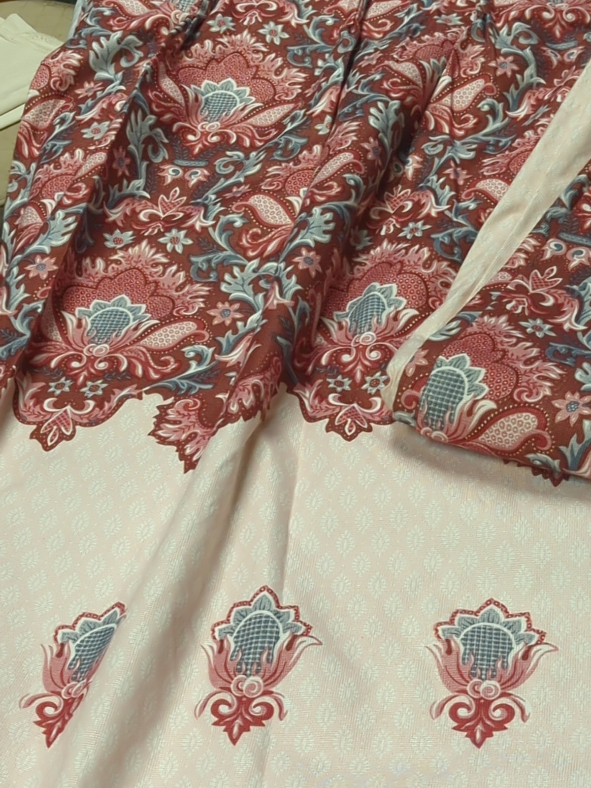 Vtg Custom Pinch Pleat Drapes Curtains Pink Grey Mauve Ivory 46×83″ Heavy Set