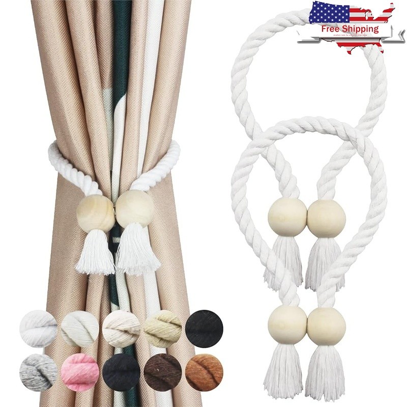 2 Pack Magnetic Curtain Tiebacks Cotton Hand Woven Decorative Holdbacks New