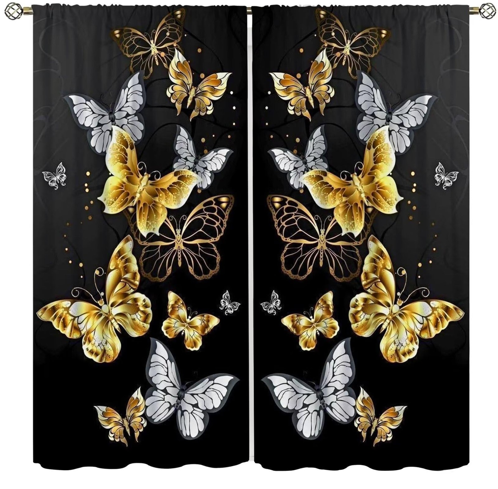 Yearn Jear Black Gold Butterflies Window Curtain 52x84in Blackout Rod Pocket