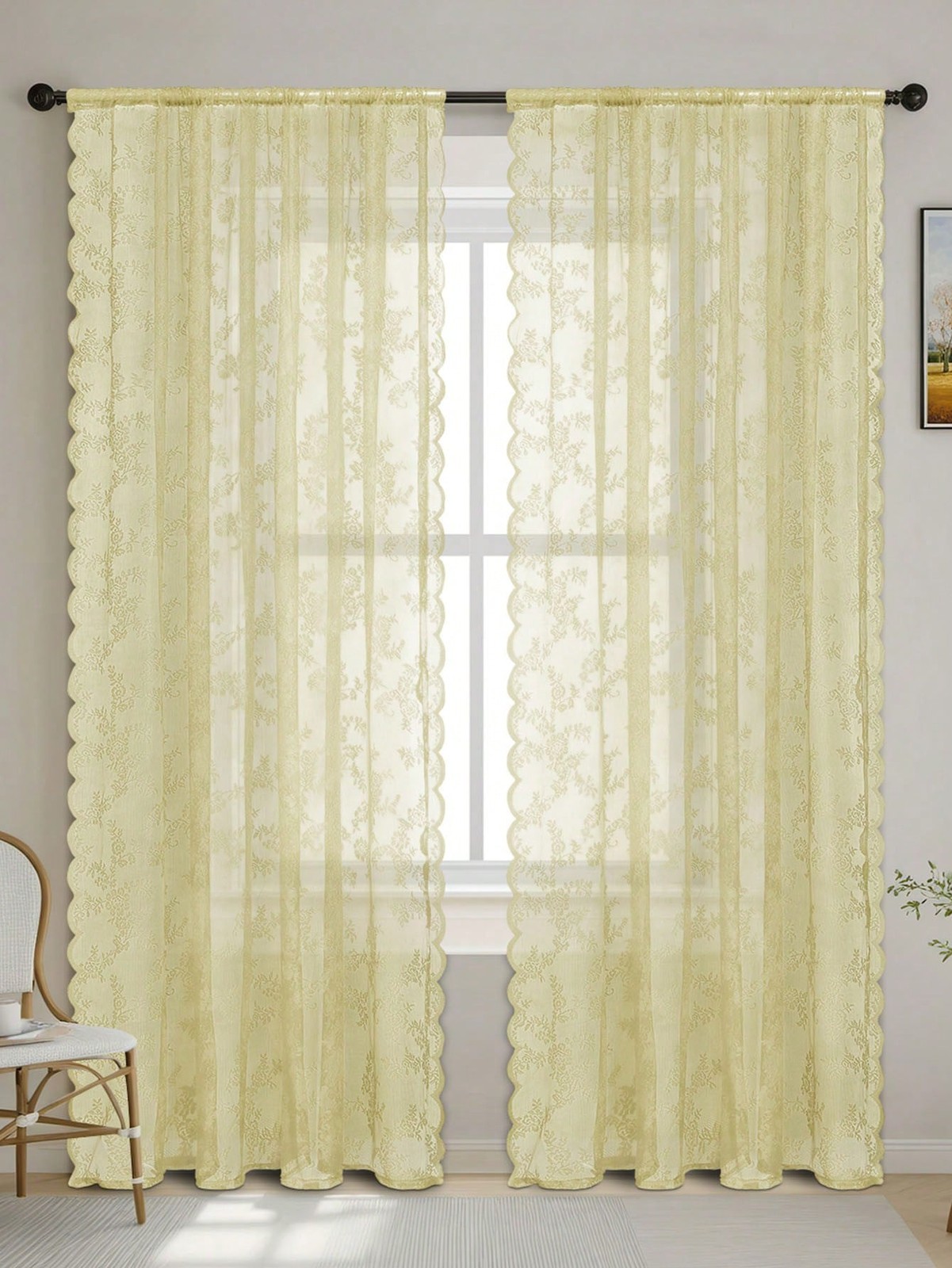 Beige Floral Lace Sheer Curtain Panel 59Wx118L 150x300cm