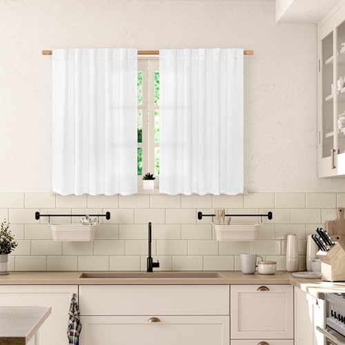 40 Inch Length Short Linen Curtains for Window 2 Panels, White Small Drapes