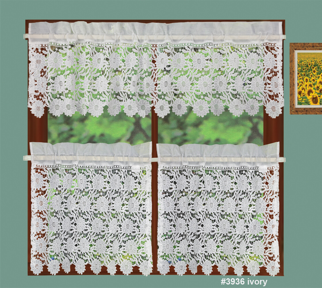 Creative Linens Sunflower Knitted Lace Kitchen Curtain Valance, 24″ Tiers Ivory
