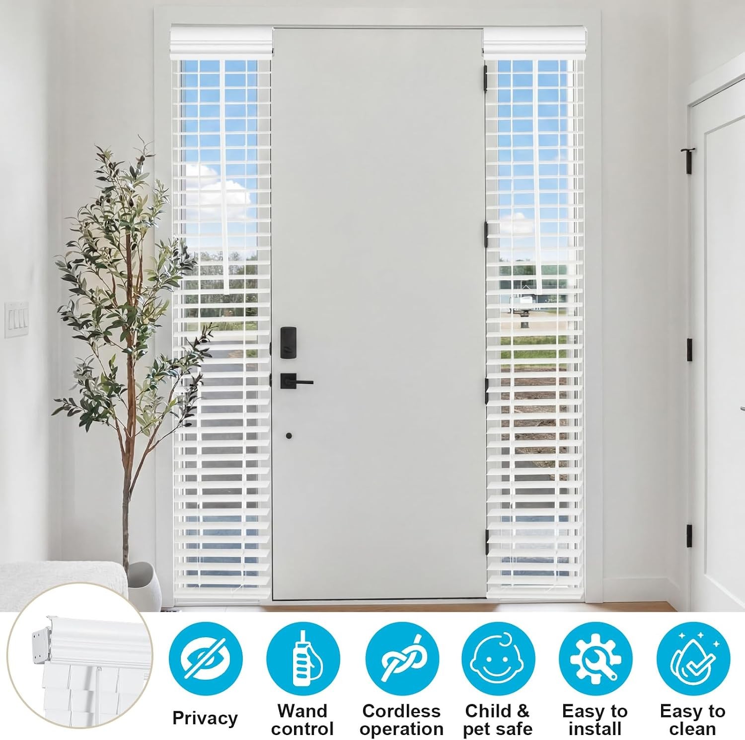 2 Pack 8.5” x 72” Cordless Sidelight Blinds 2” Horizontal White Faux Wood