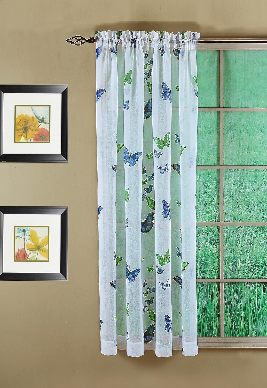 Butterflies Print Semi Sheer Panel, 63″, Blue, 54W X 63L