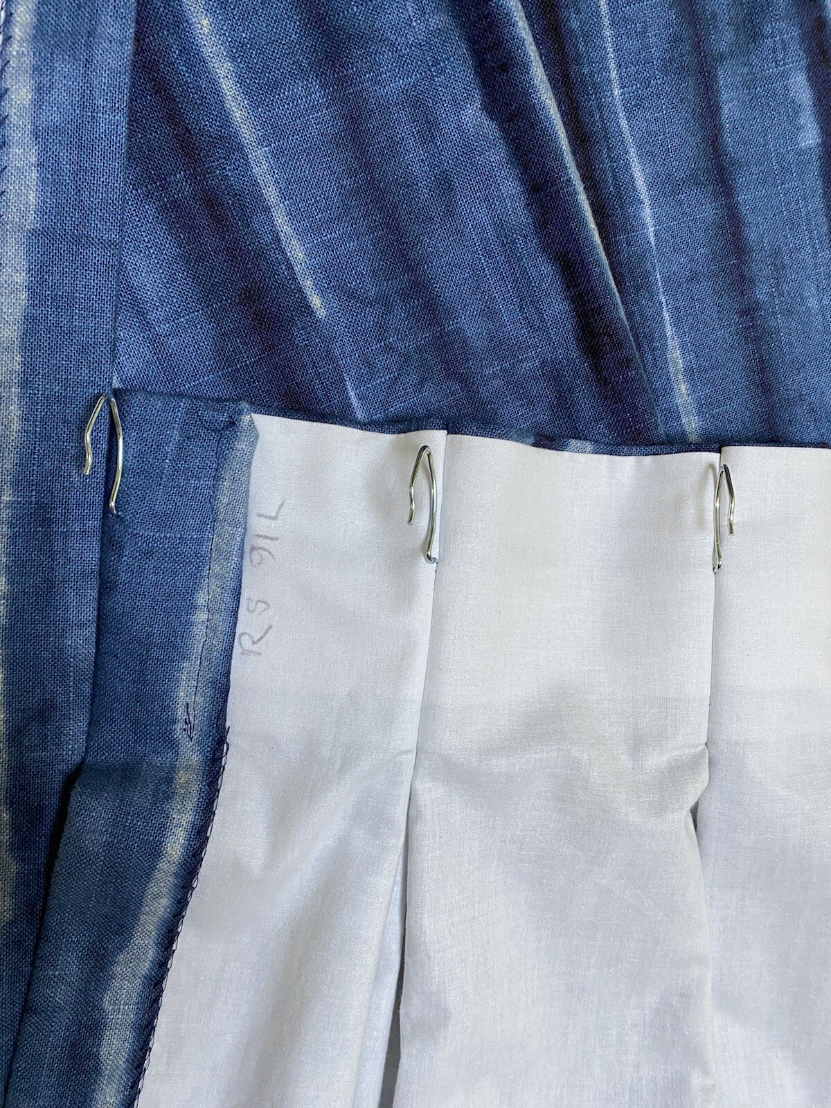 PAIR Custom DESIGNER Linen Indigo Blue Stripes Lined Panels DRAPES 91”x24”NEW