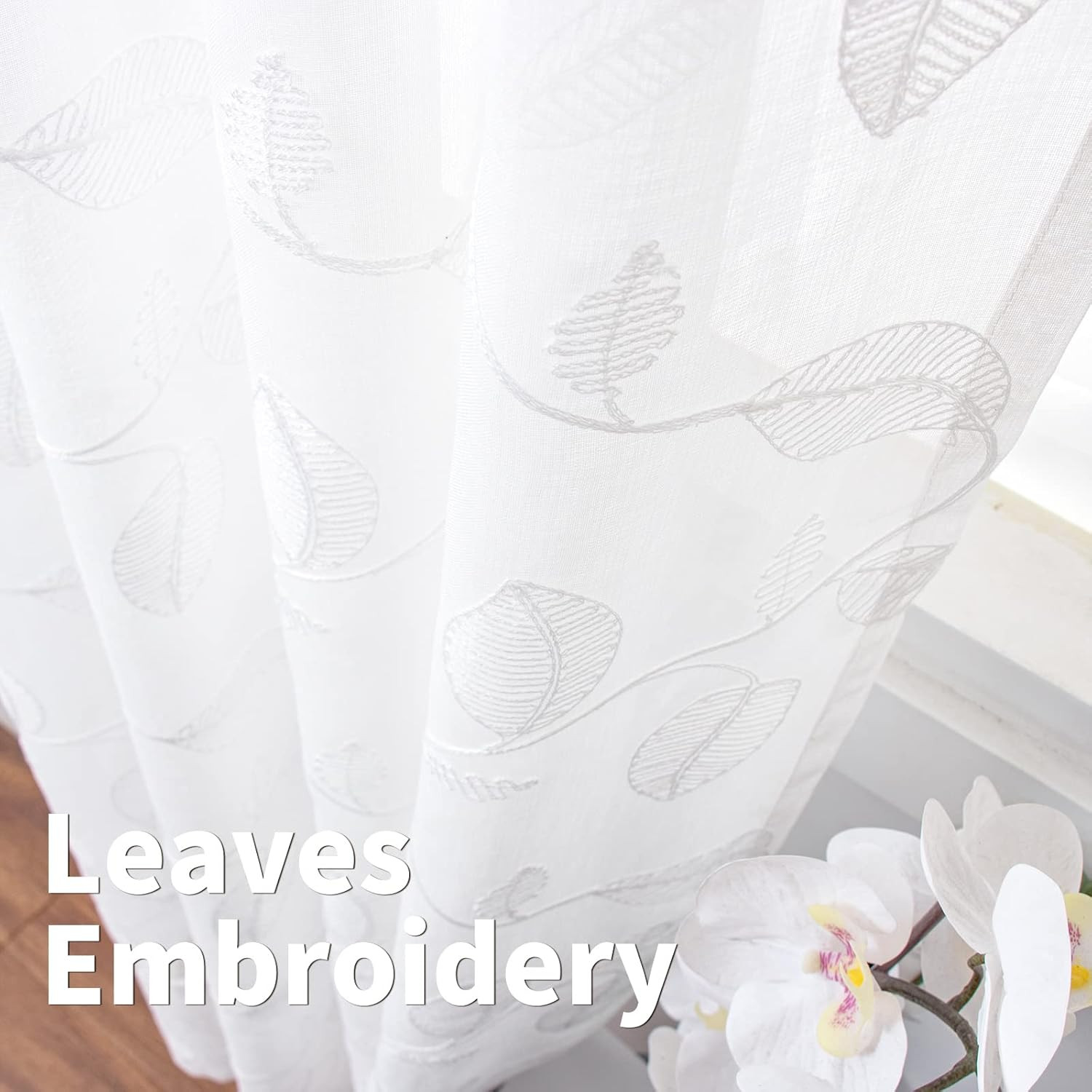 White Sheer Curtains 84 Inches Long 2 Panels – Embroidered Leaf Pattern Semi She
