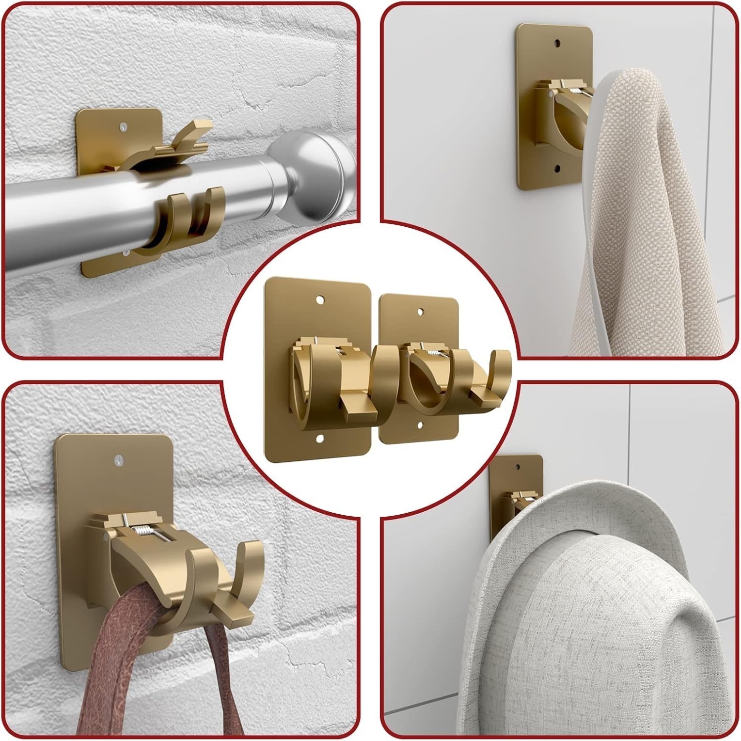 4PC No Drill Curtain Rod Brackets Gold Plastic Self-Adhesive & Screw Mount