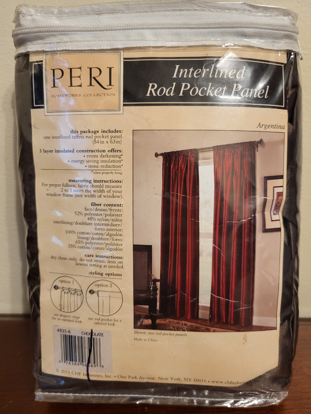 CHF Peri Interlined Rod Pocket Panel Argentina Chocolate Brown Curtain Panel 63″