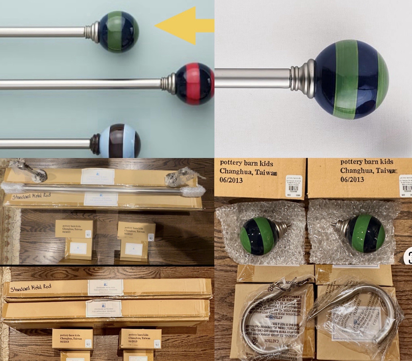 NEW Lot of Pottery Barn Kids Metal Curtain Rods, Holdbacks, Green Navy Finials