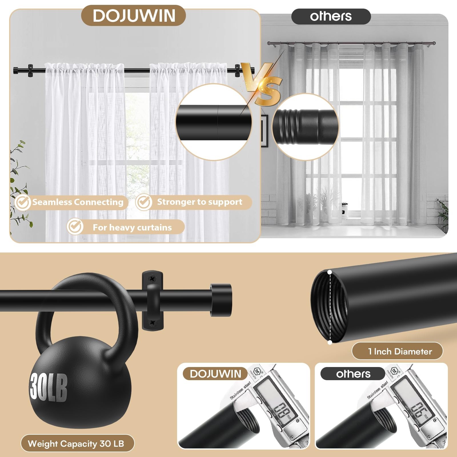Matte Black Curtain Rods for Windows 32-240 Inches (2.5-20 Ft) Adjustable Hea…
