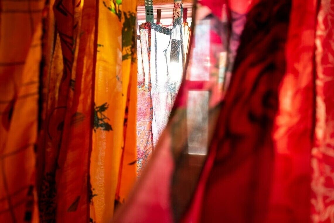 2Pc Indian Vintage Sari Patchwork Curtain Drape Window Decor Silk Orange Curtain