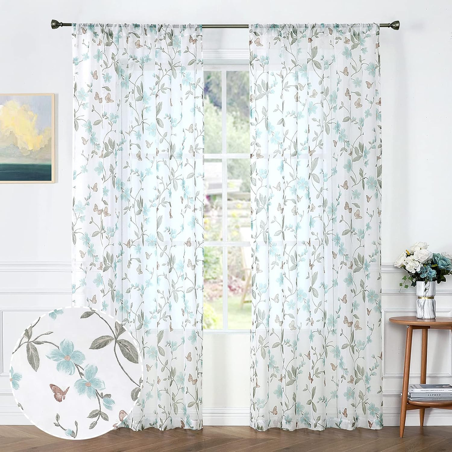 Tollpiz Sheer Floral Curtains Blue Flower Butterfly Printed Bedroom Curtain Rod