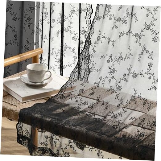 Sheer Lace Curtains 96 Inches Long, 52″W x 96″L (Pack of 2) Black-branch