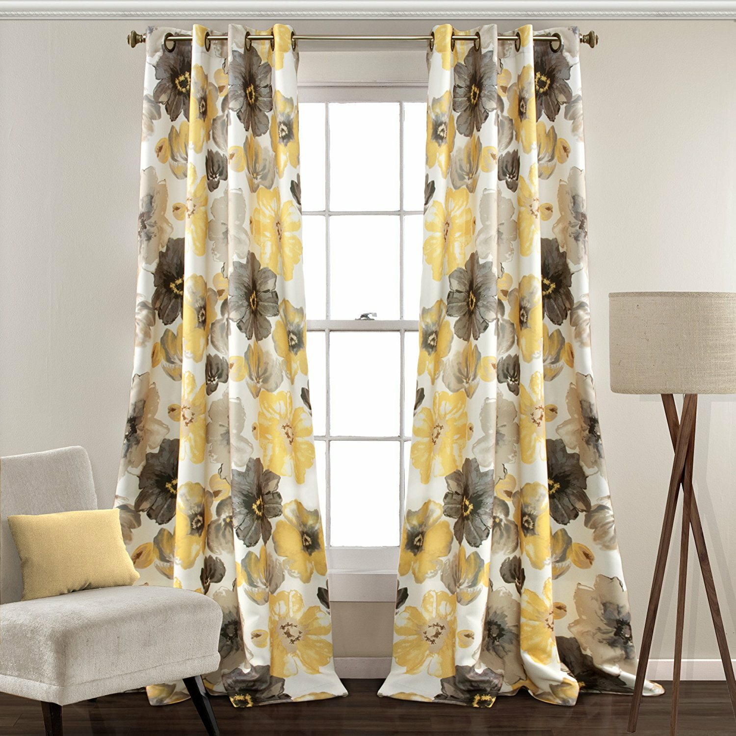 Set 2 Yellow Gray White Floral Curtains Panels Drapes 63 84 95 108 in Darkening