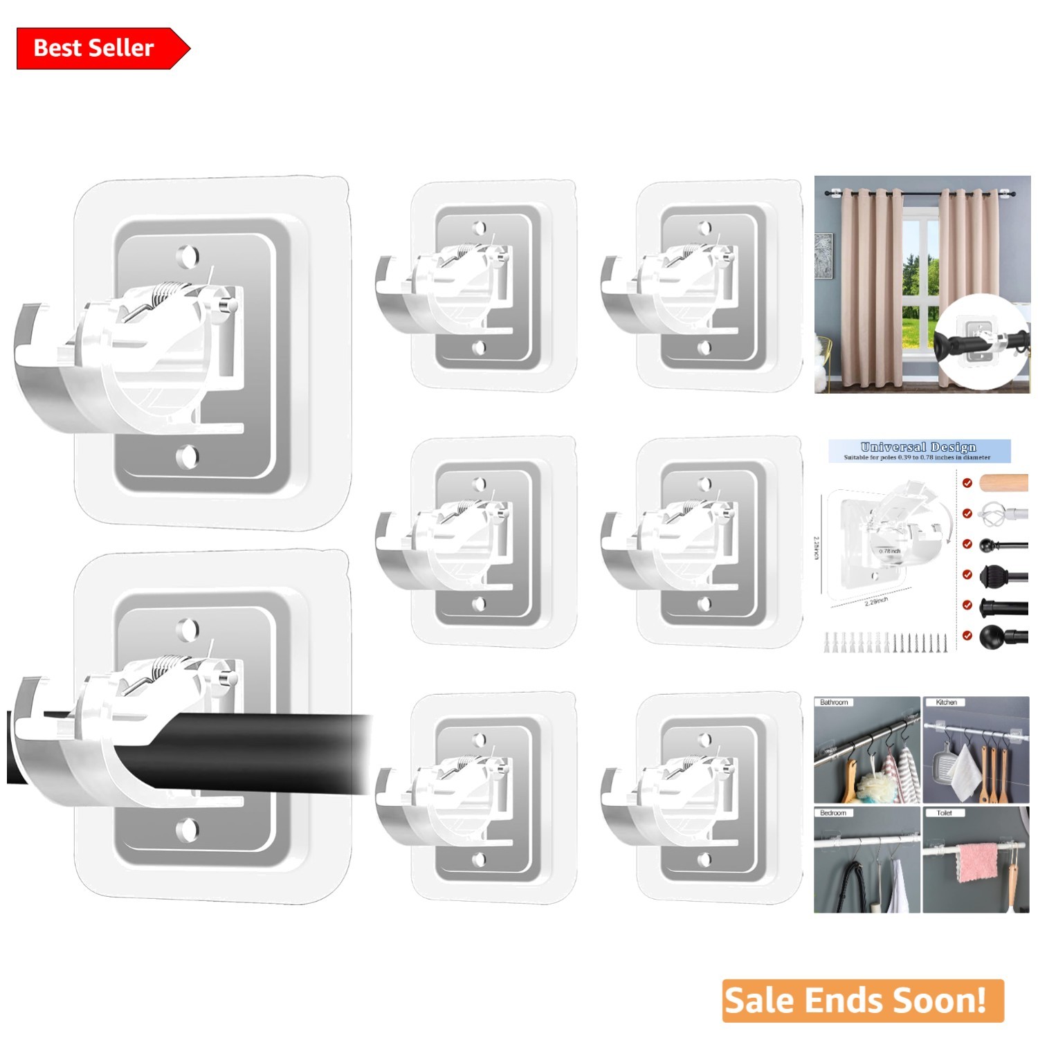 Self Adhesive Transparent Curtain Rod Brackets Set for Bathroom and Home
