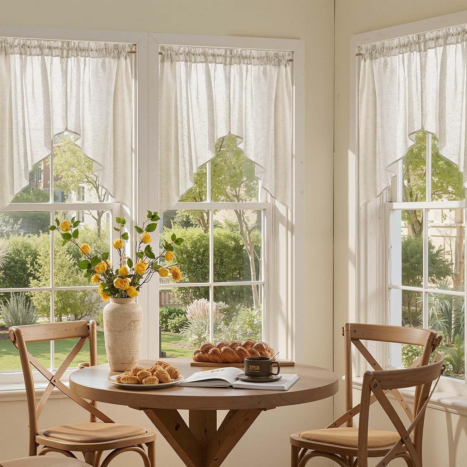 Elegant 36 Inch Light Filtering Valance | 2 Panel Country Linen Set in Beige