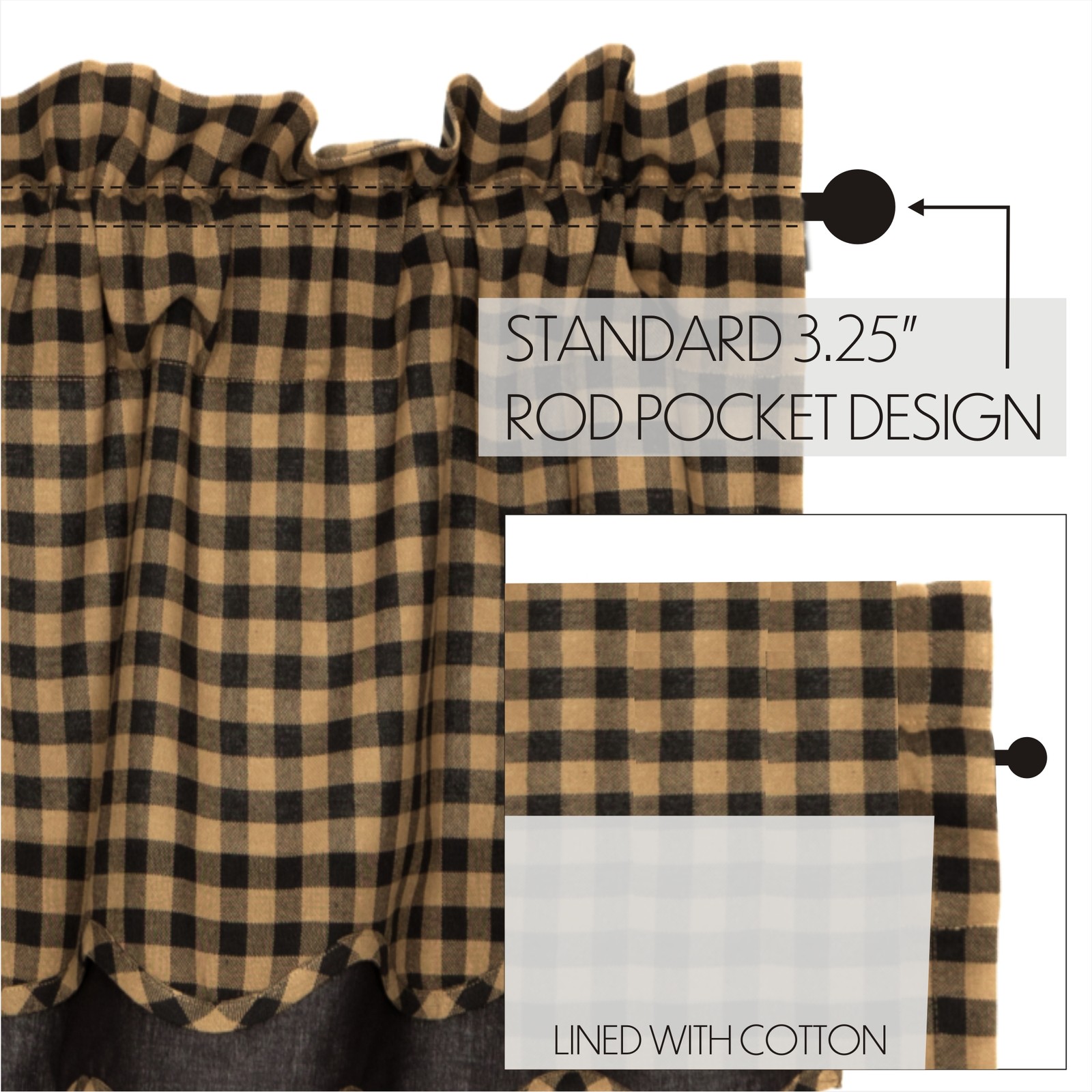 VHC Brands Primitive Black Tan Check Scalloped Layered Valance 16×60″