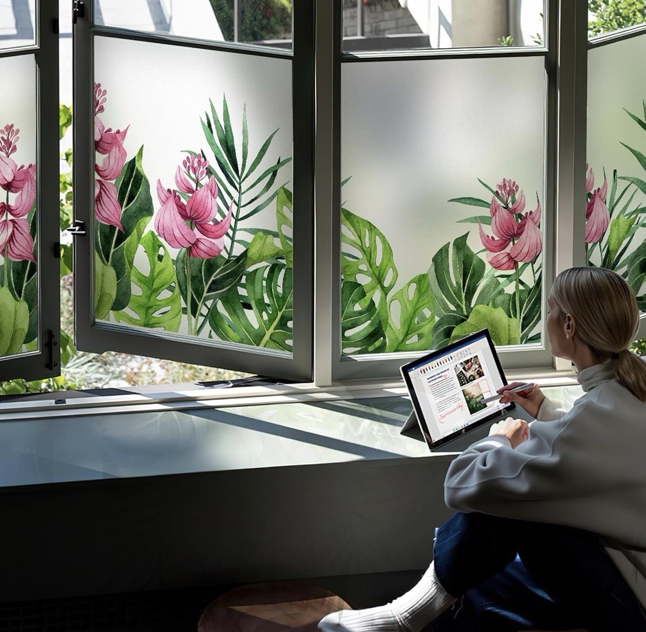 DKTIE Tropical Flowers Static Cling Window Film Non-Adhesive, Frosted, Privacy