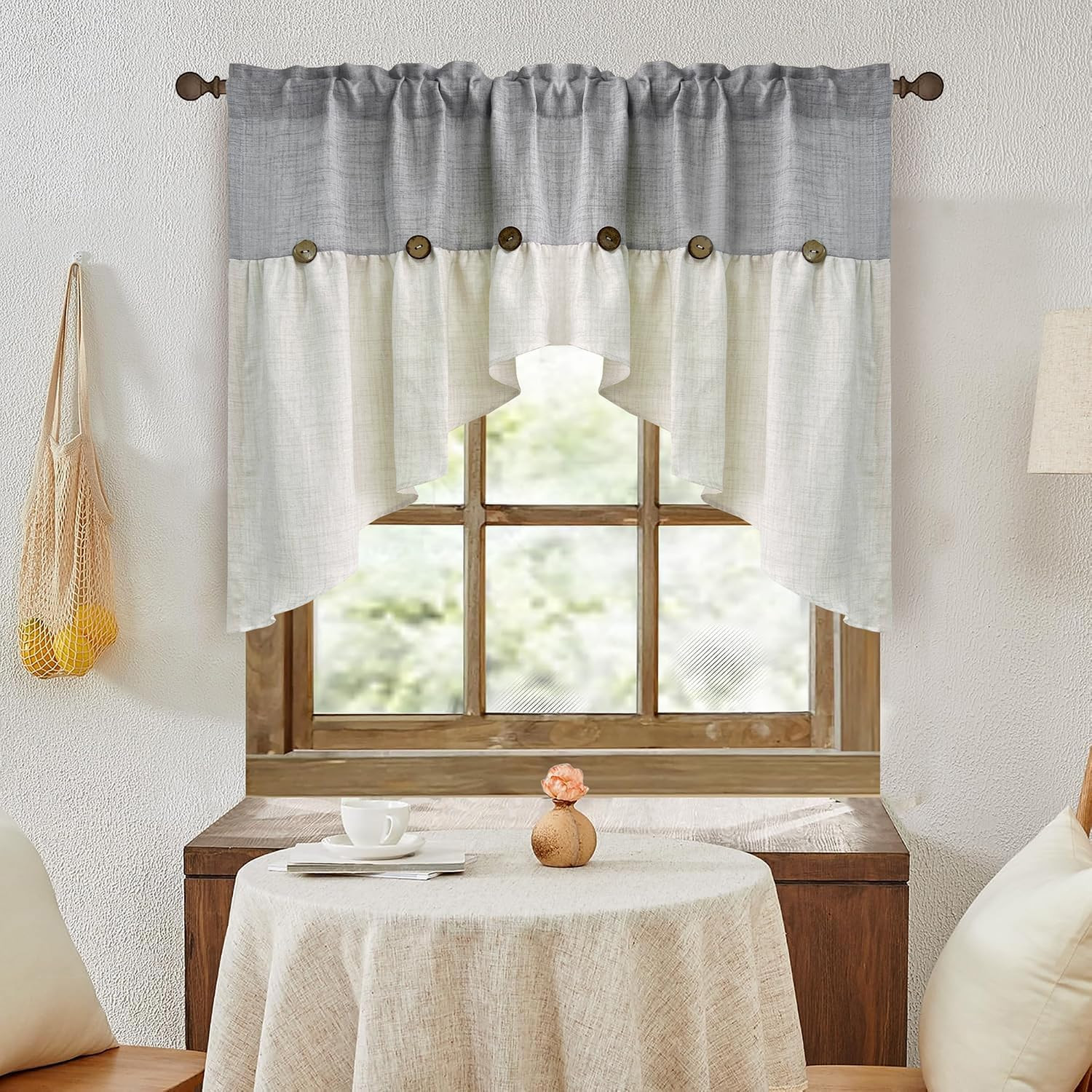 Grey Linen Curtain Swag for Living Room Button Kitchen Curtain Farmhouse Valance