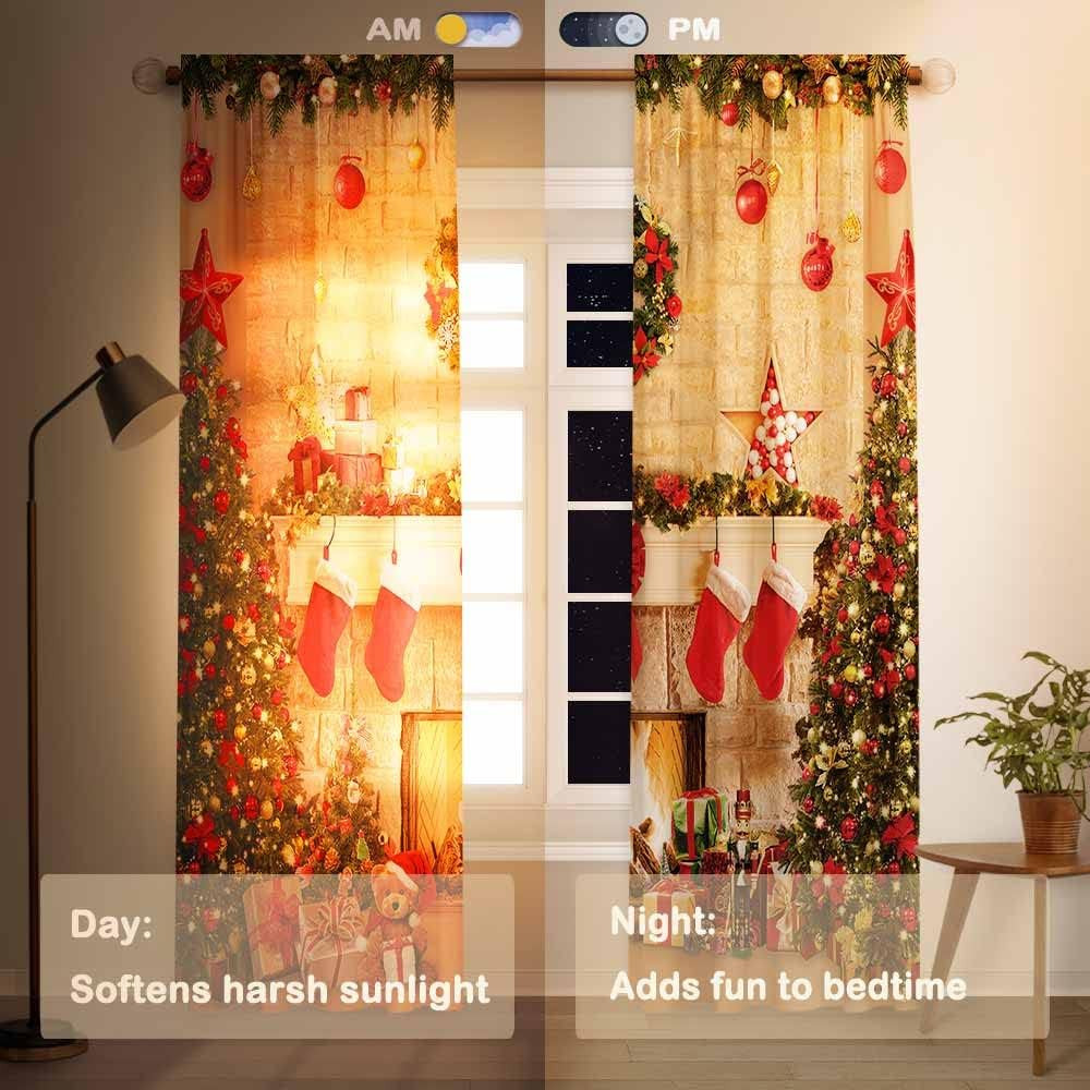 Christmas Fireplace Window Curtains for Kids Merry Xmas Winter New Year’S Eve Tr