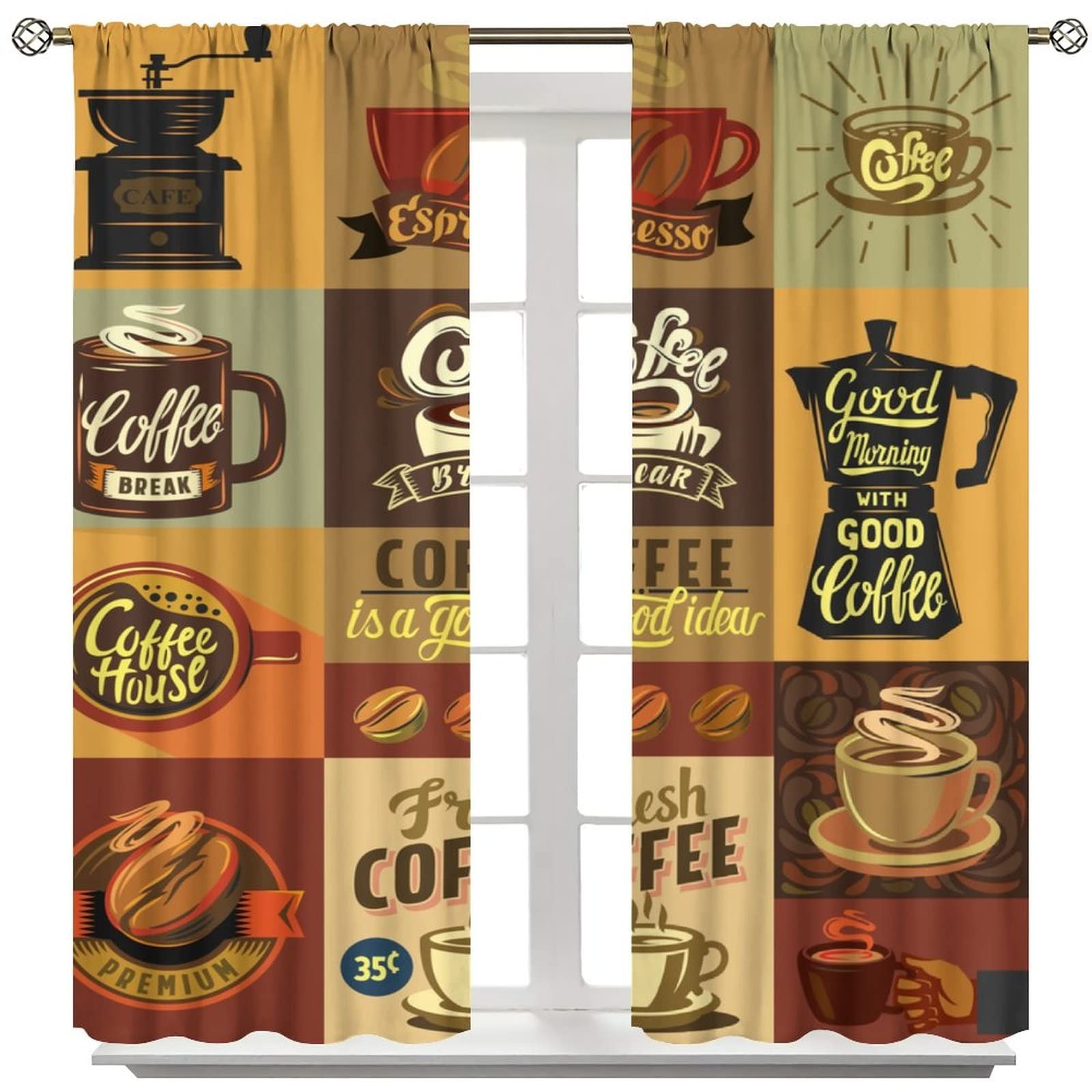Vintage Coffee Theme Kitchen Cafe Curtains – 2 Panels, 42 x 45 Inch, Room Dar…