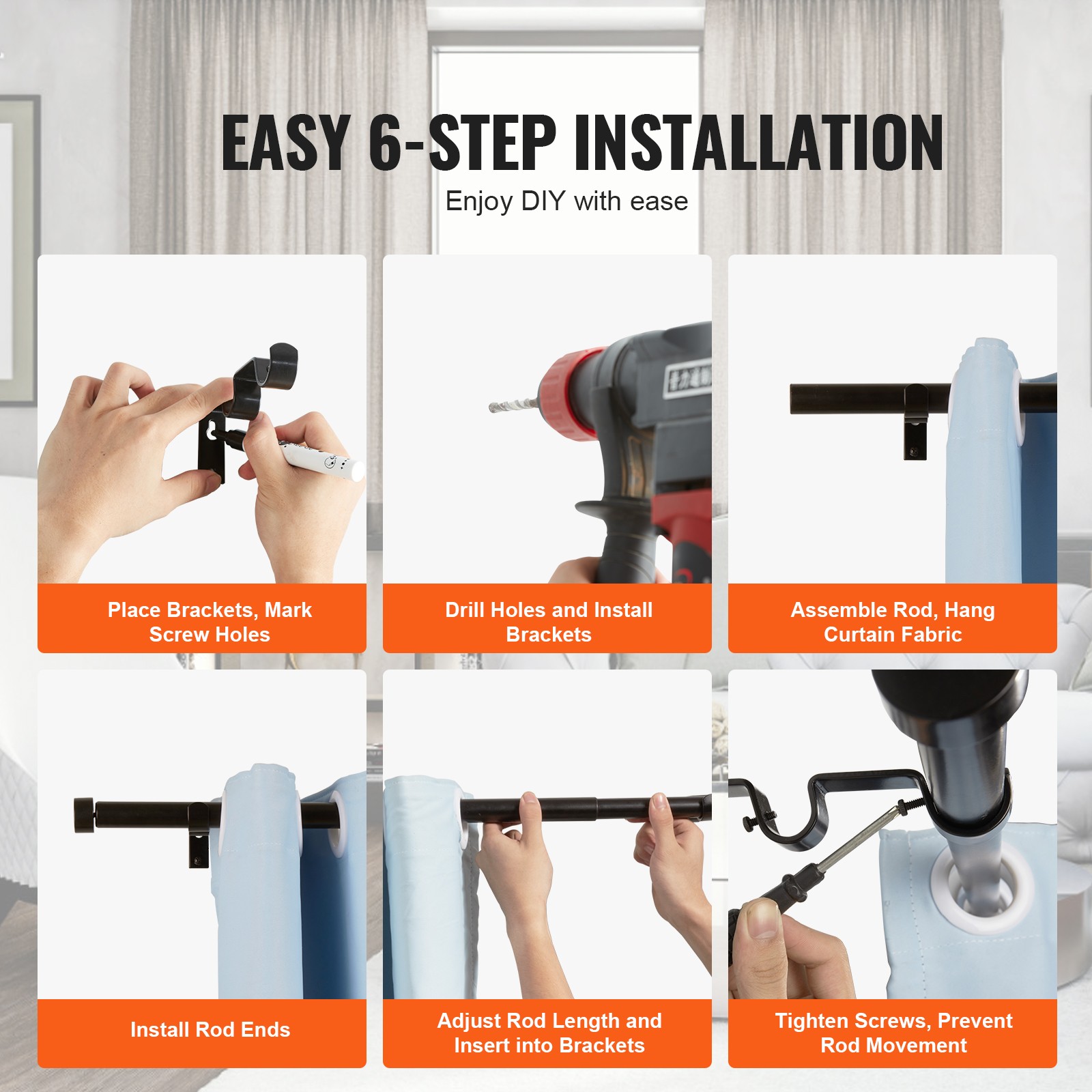 Uimoso Adjustable Double Curtain Rods with Cap Finials, 72-144 in Length