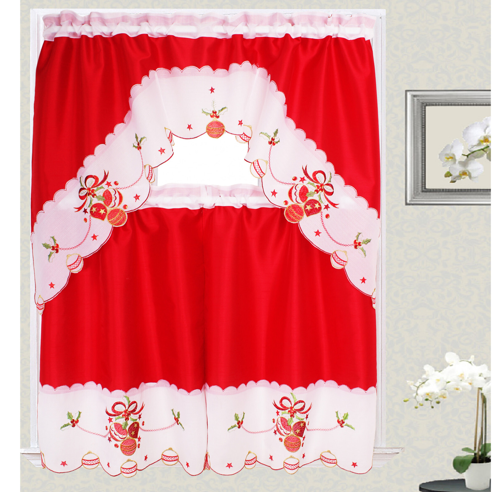 3-Piece Decorative Christmas Design Embroidered Kitchen Curtain Red Jingle Bell