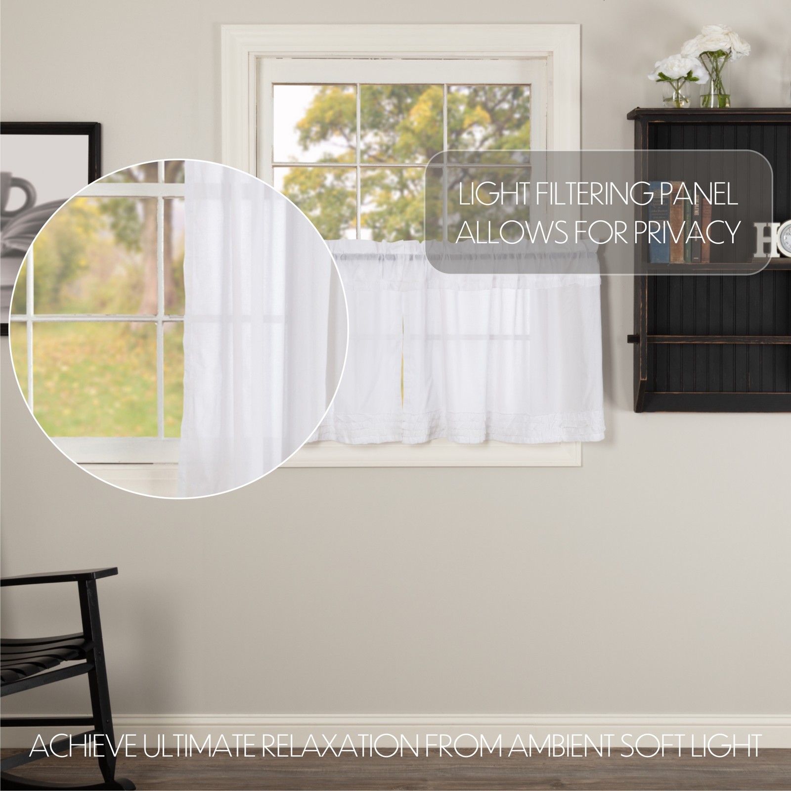 Farmhouse 24″x36″ Tier Pair White Rod Pocket Kitchen Window Curtains VHC Brands