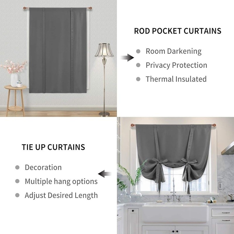 Blackout Tie Up Curtains Soft Polyester Light Blocking Insulation Home Decor New