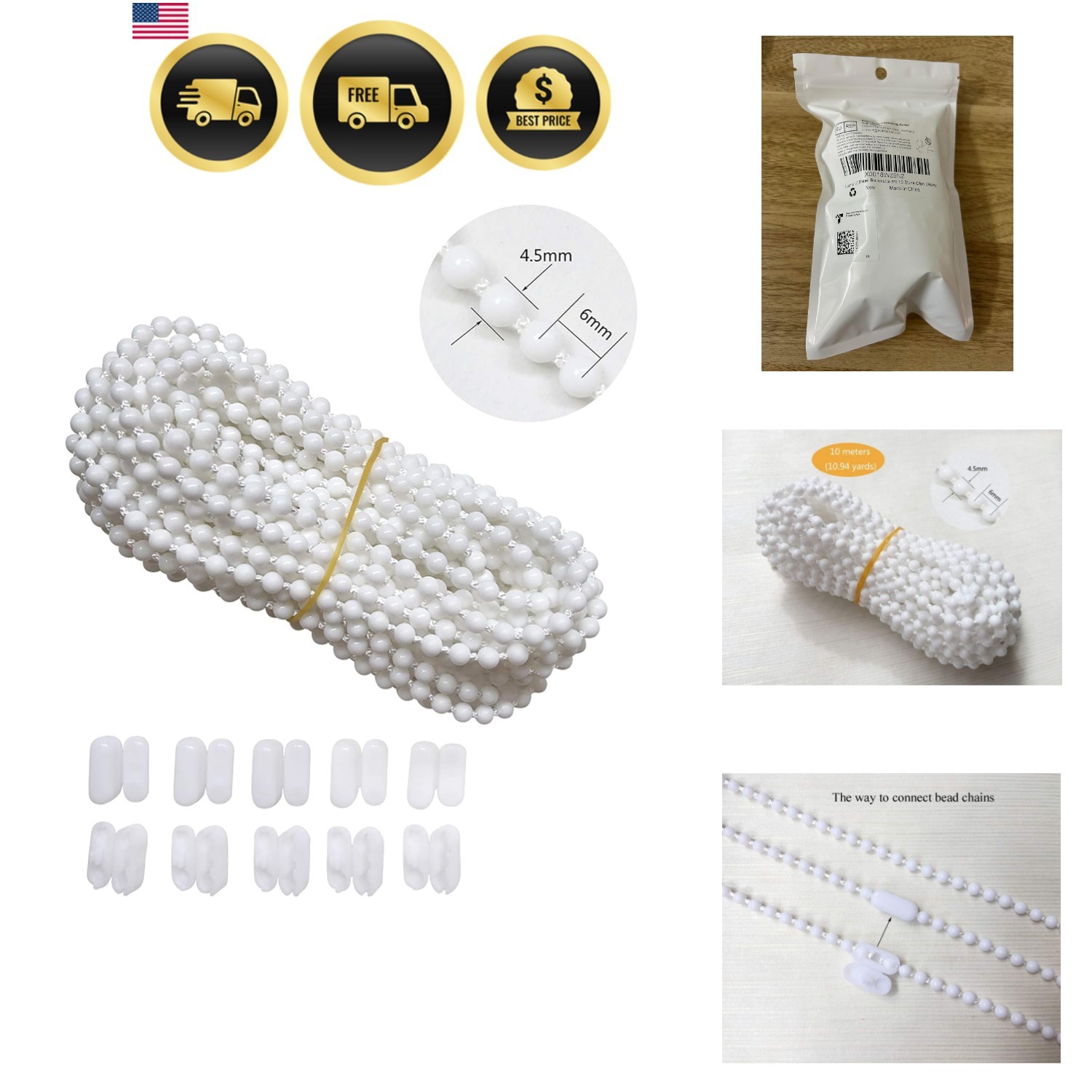 10 Meters 10.94 Yards with 10 PCS of Connectors for Roller Blind Bead Chain C…