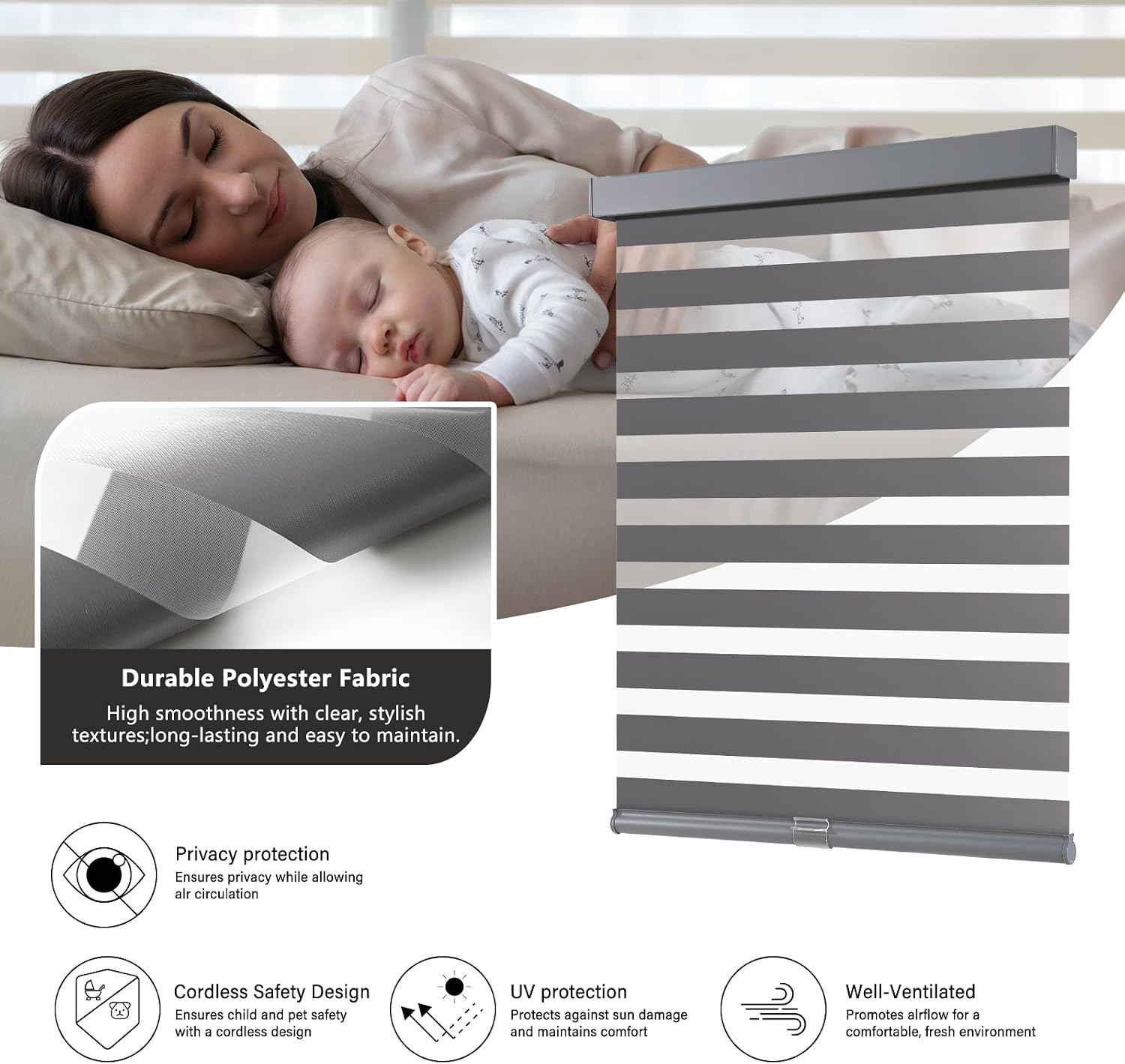 Cordless Zebra Blinds for Windows Pull down Roller Window Shades Dual Layer Ligh
