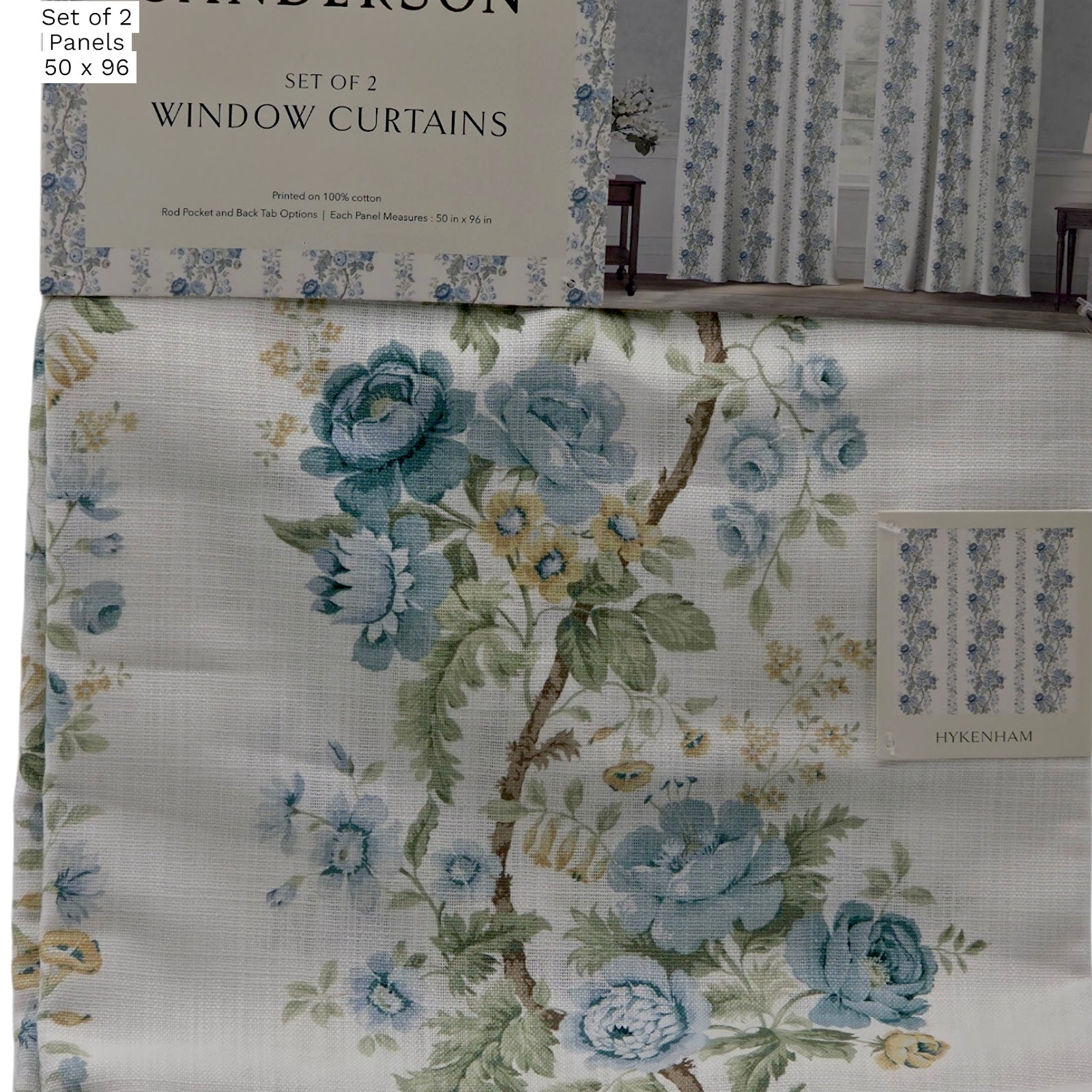 Sanderson Set 2 Blue Rose Cottage Curtains 50×96 Cotton Floral Panels