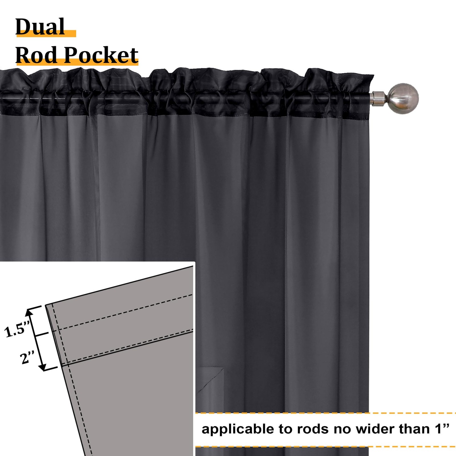 Sheer Curtains 63 Inches Long Light Weight Soft 40″W x 63″L (Pack of 2) Black