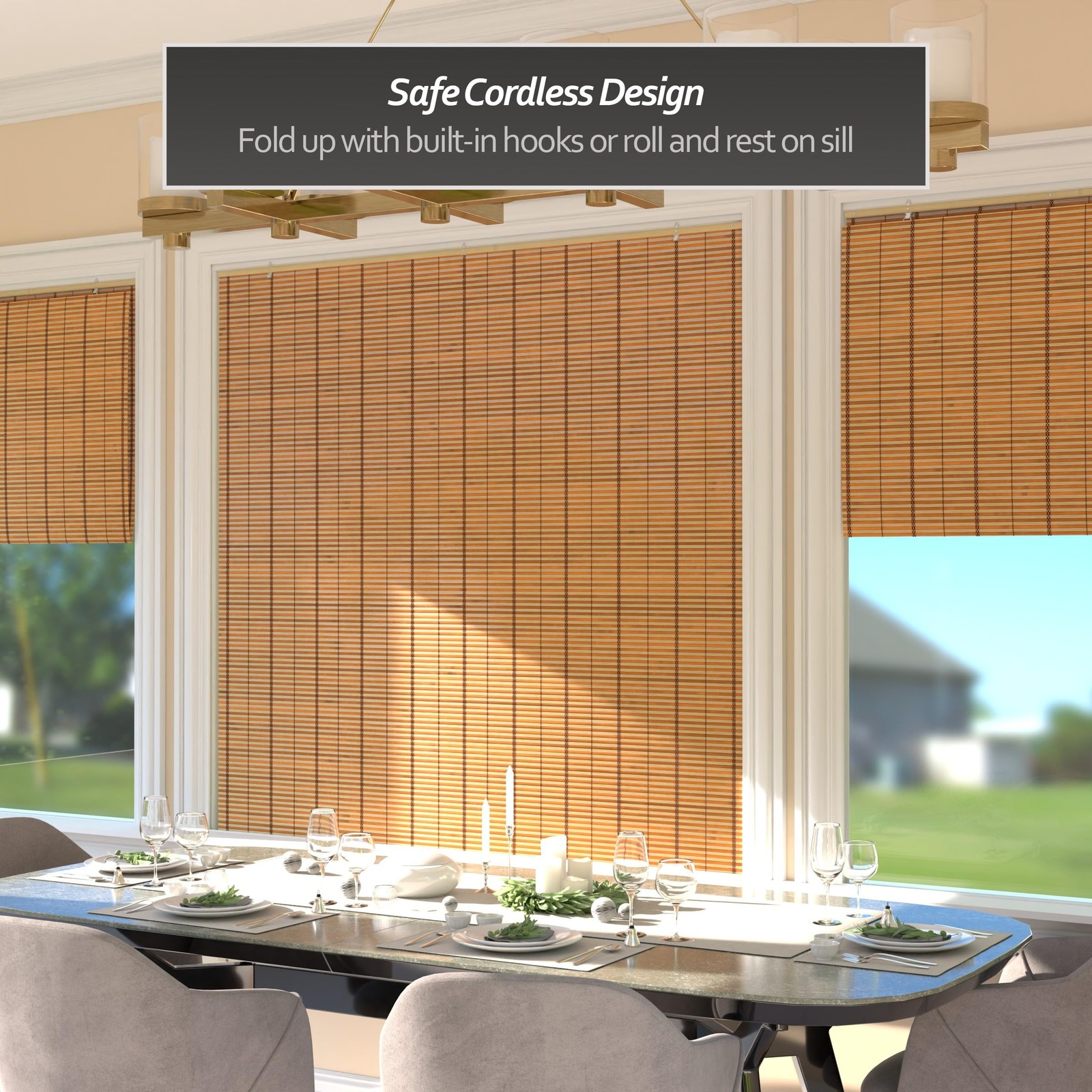 Red Lantern Burnt Bamboo Cordless Window Shade – Two-Tone Honey 60 Wide