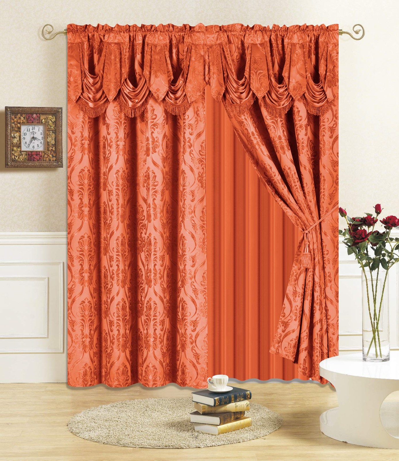 ON NEW 4 PIECE DRAPE SET WITH ATTACHED VALANCE AND SHEER WITH 2 TIE BACKS INCLUD
