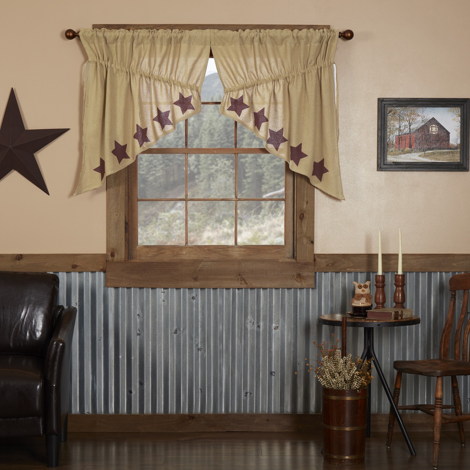 Primitive 36″x36″x18″ Stars Prairie Swag Pair Kitchen Window Curtains VHC Brands