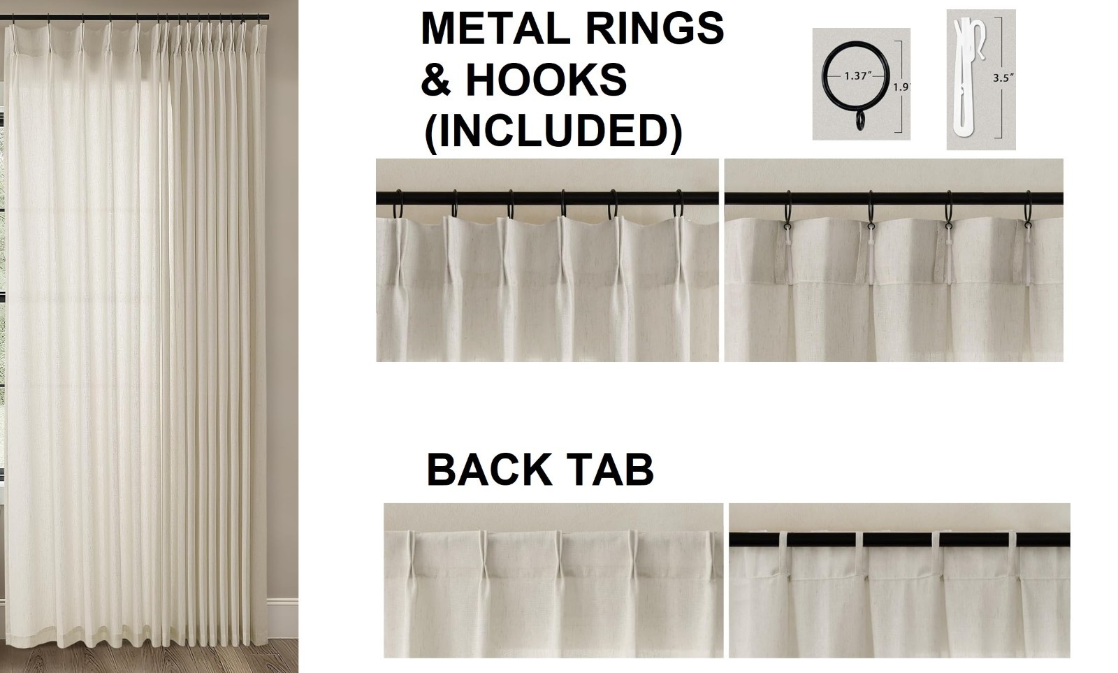 Extra Wide Pinch Pleated Linen Curtains 100 w X 102 Inch Length with Hooks Rings