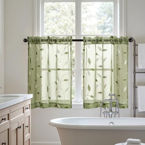 Sheer Kitchen Curtains 30×36 Inches Leaf 30″W x 36″L (Pack of 2) Sage Green