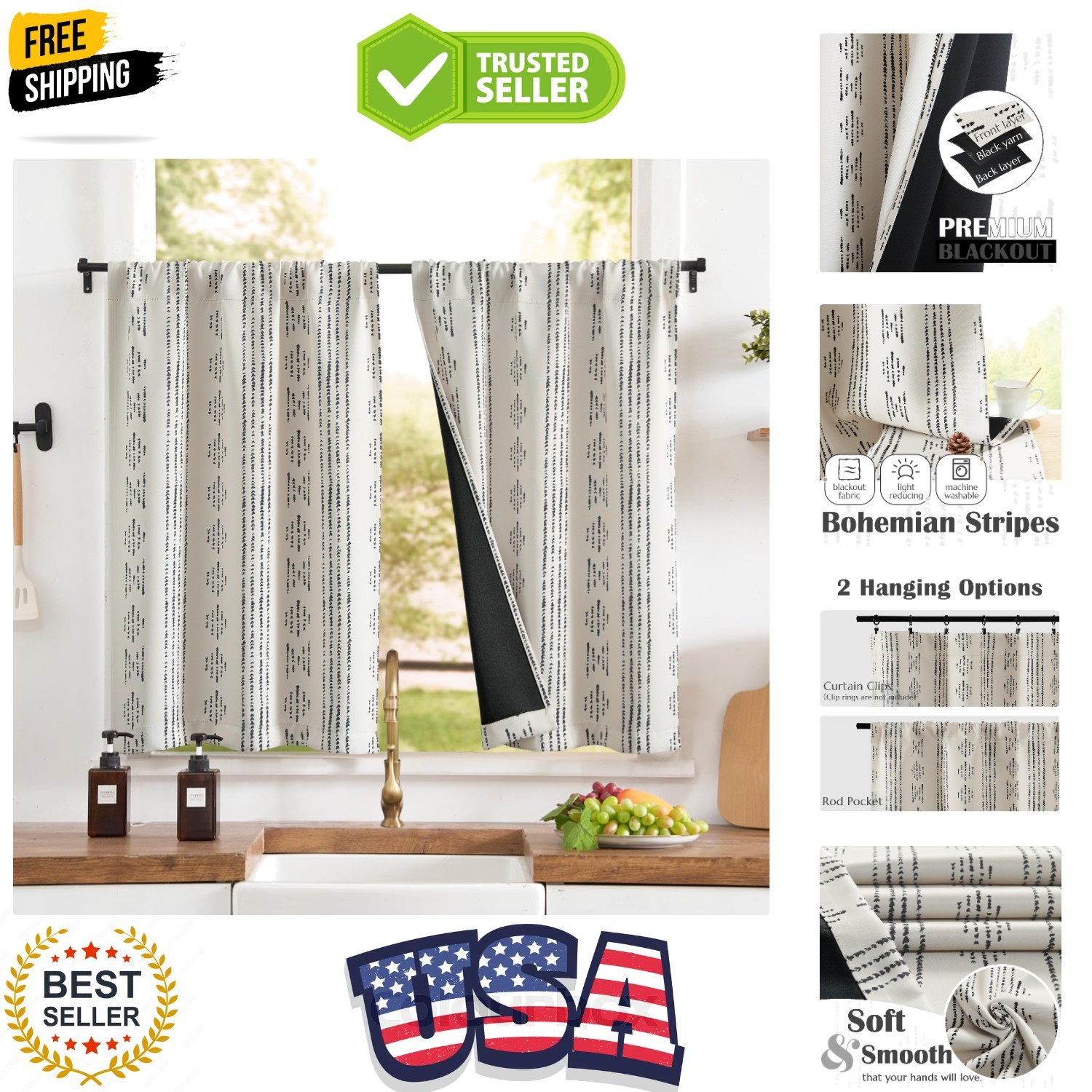 95% Blackout Boho Kitchen Curtains 36 Inches Cafe Tier Curtains Bohemian Smal…