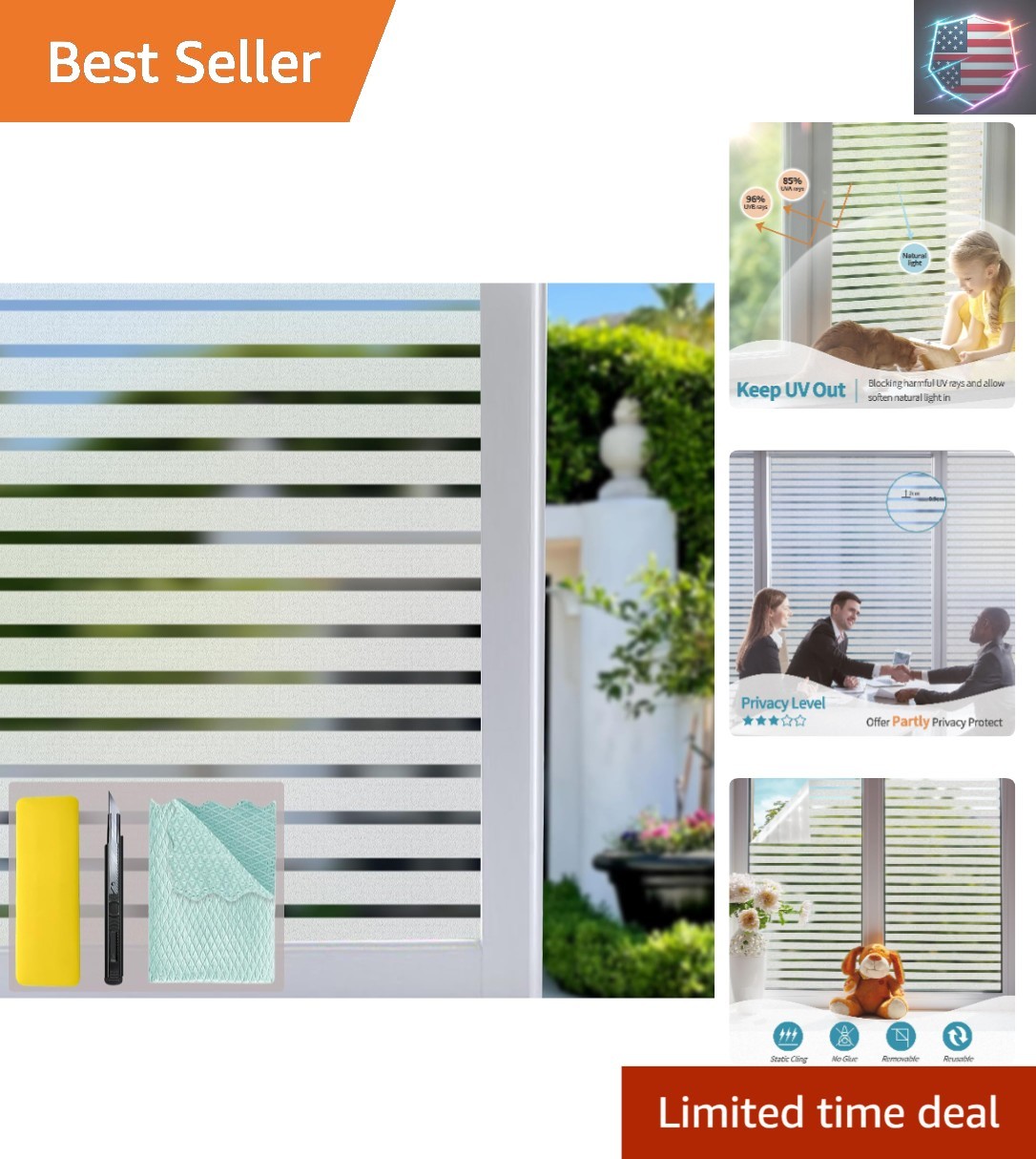 Bloss Window Film Striped Window Decal Non-Adhesive Privacy Film, Vinyl Glass…