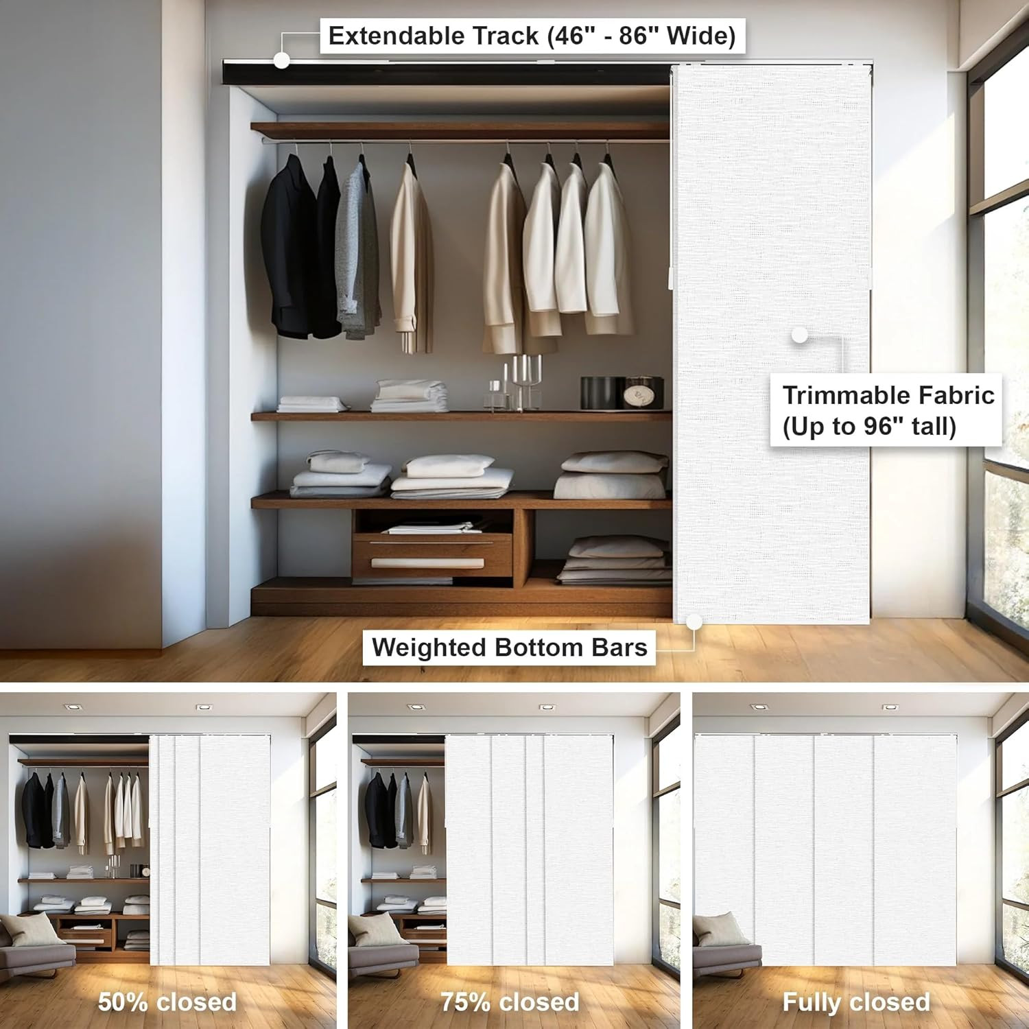 Panel Track Blinds for Sliding Glass Doors, 4 Panel Sliding Panels, Adjustable T