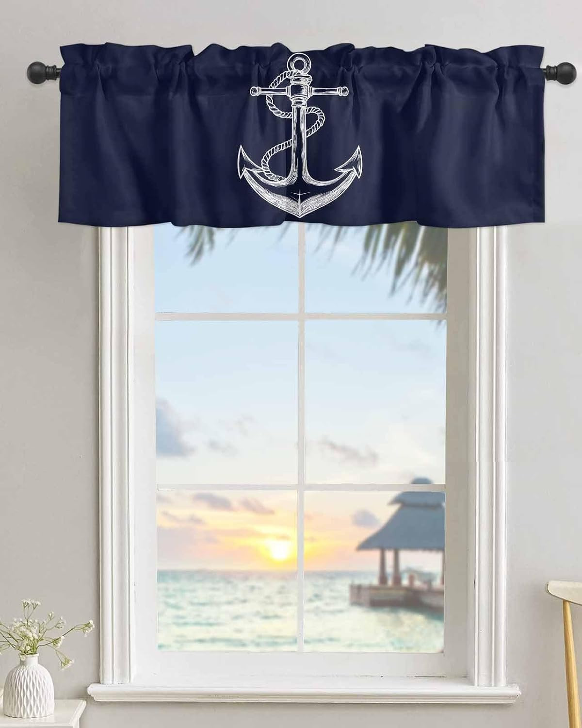 Window Curtains Valances, Nautical Knot Anchor Illustration Minimalist Art Dark
