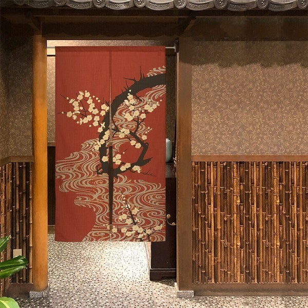 Japanese Traditional Noren Curtain – Flowing Water & Plum Winter Home Decor Gift