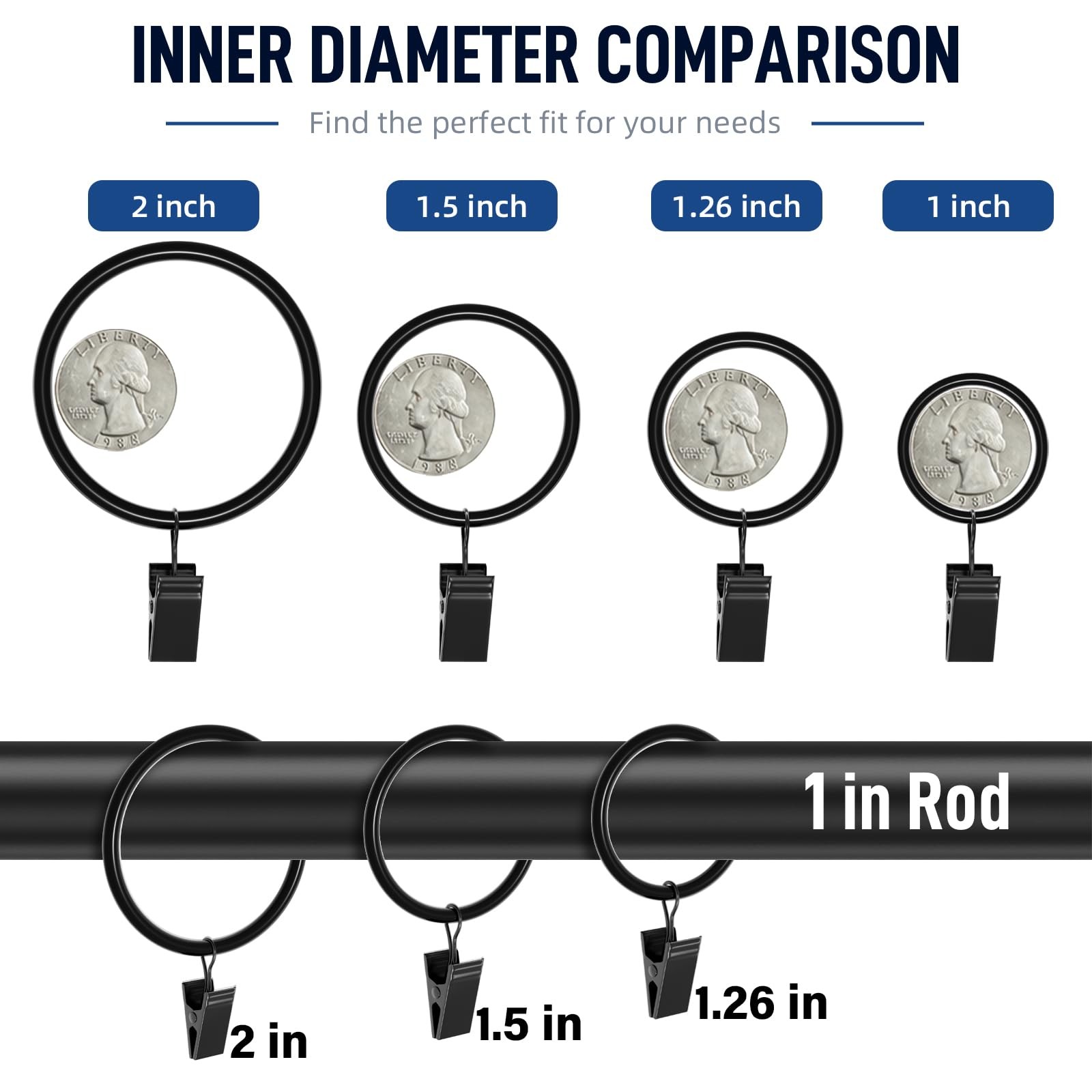 44 Pack Curtain Rings with Clips Hooks 2 in Diameter Rustproof