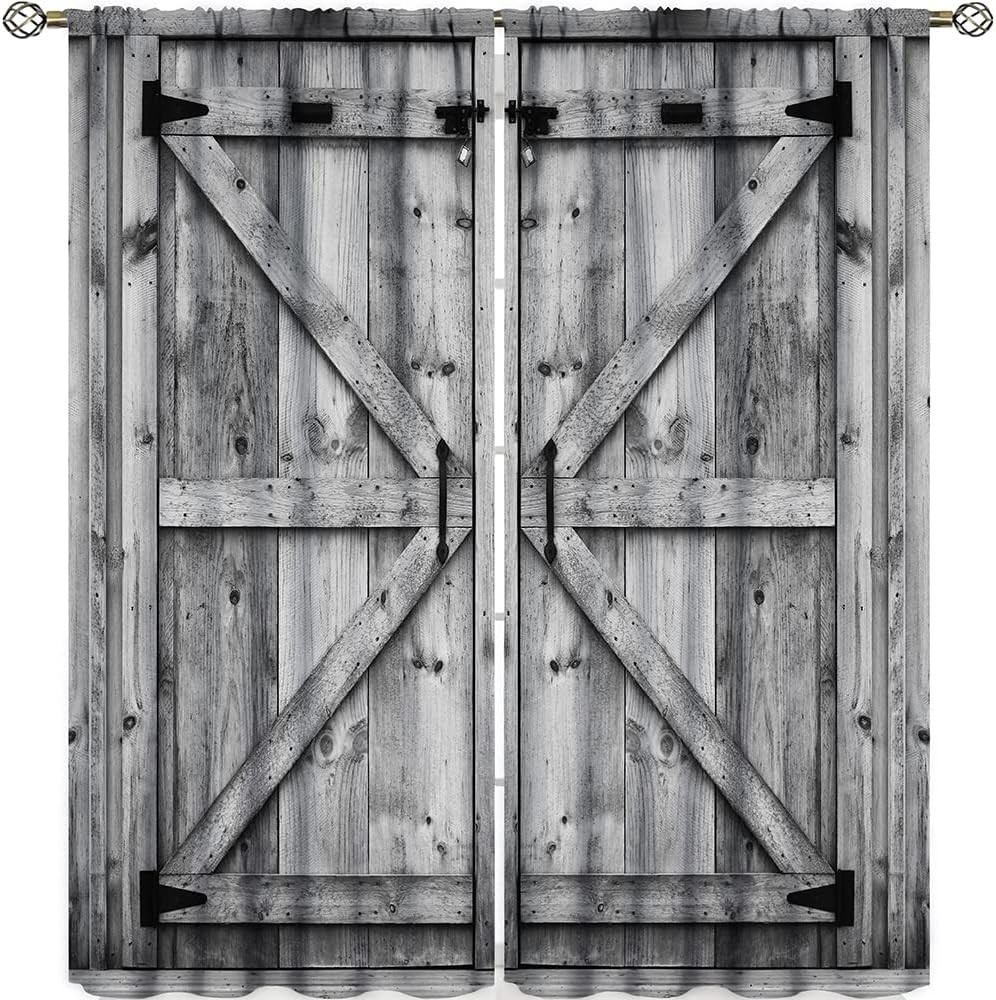 Rustic Curtain,Grey White Wooden Barn Door Farmhouse Wood Vintage Theme Print Wi