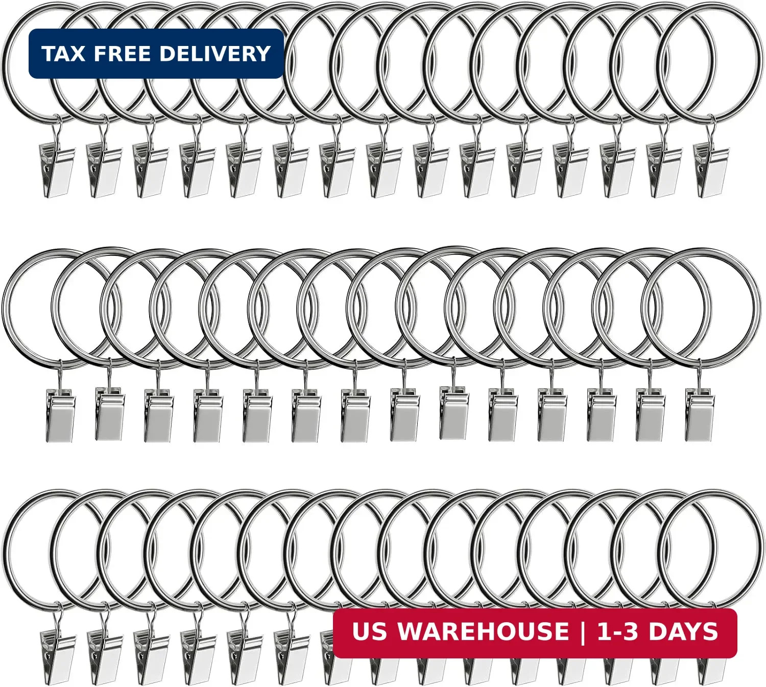 44 Pack Curtain Rings with Clips Hooks, Silver Drapery Clips with Rings Stainles