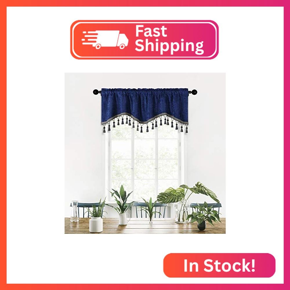 ELKCA Thick Chenille Window Curtains Tier for Kitchen Royal Blue Scalloped Valan