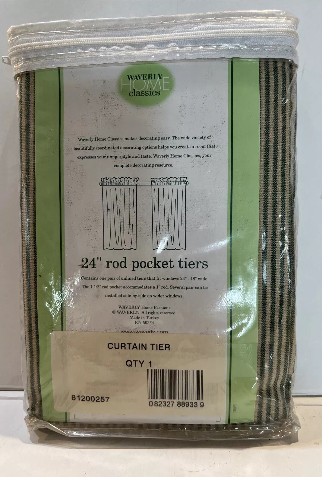 2 Waverly Fernwood Geen & Beige Striped Cotton Unlined Curtain Panels 28”x24”