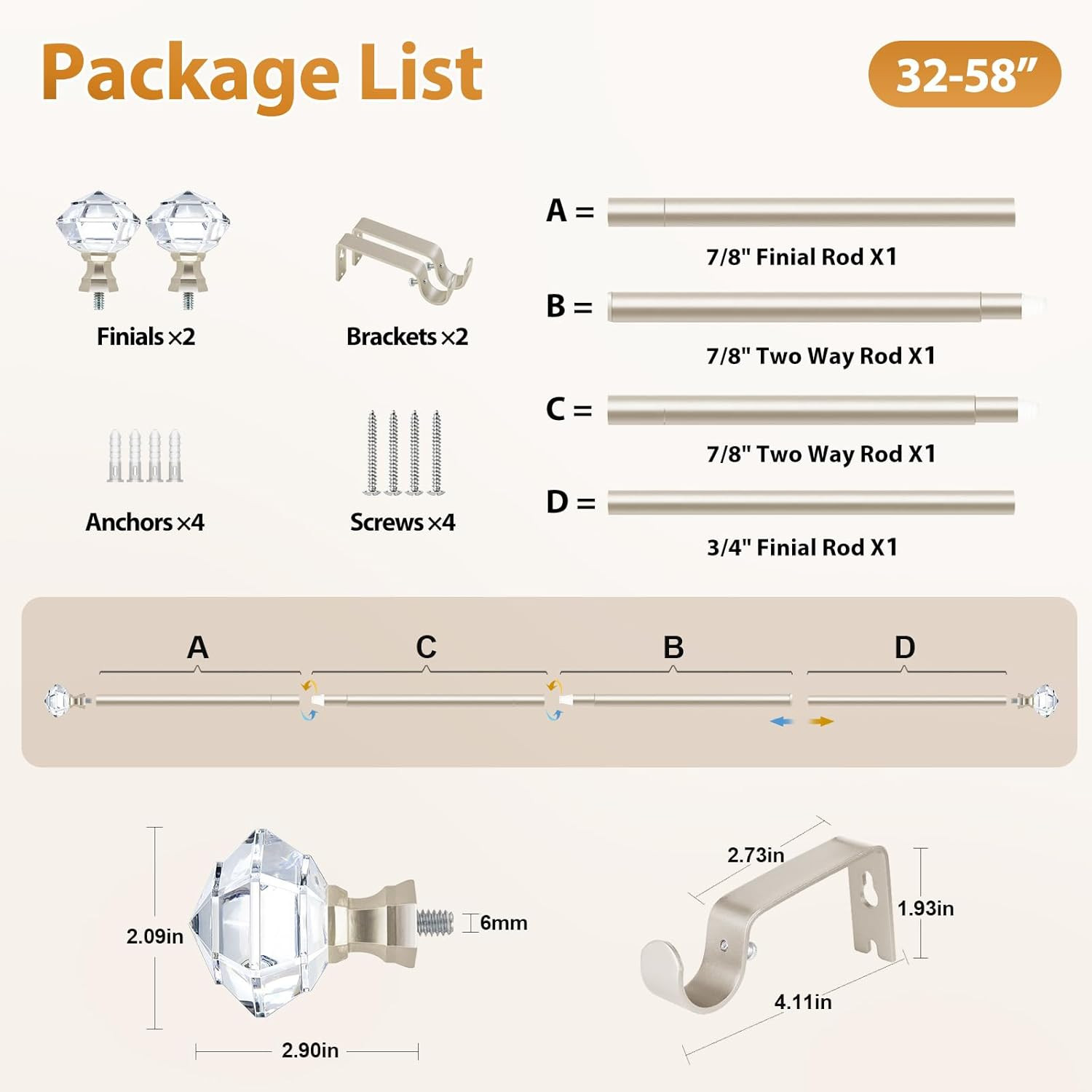 2 Pack Curtain Rods 32 to 58 Inch, Telescoping Splicing 3/4 Single Rods for Wind