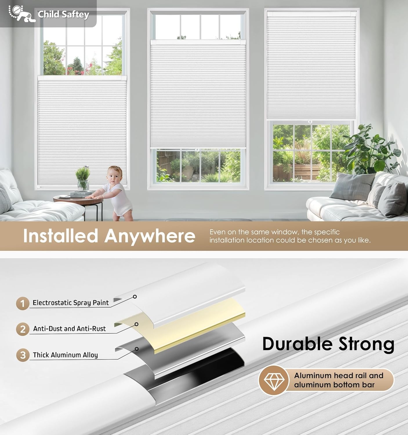 LazBlinds No Tools No Drill Cordless Cellular Shades, Blackout 25″ W x 48″ H, Wh